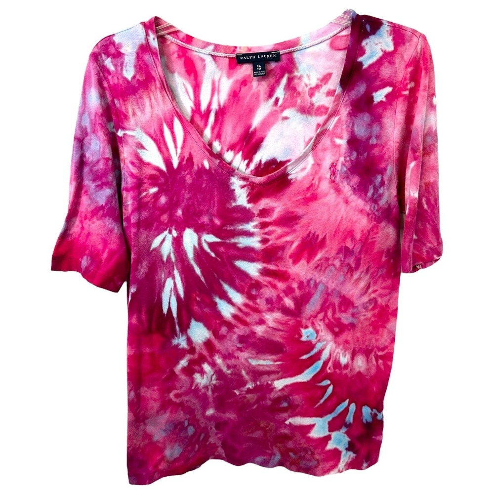Ralph Lauren XL Top‎ Handmade Tie Dye Pink Blue Spiral Festival Boho Artsy 430 - Picture 2 of 11